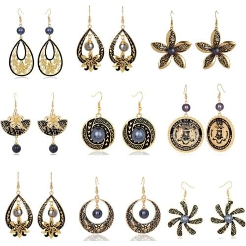 Vintage Drop Earrings Sunflower Jewelry Gecko Dangle Earring Gold Plated Pearl Hawaiian Samoa Style Metal Party Earing for Women