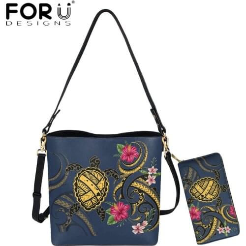 FORUDESIGNS Vintage Pu Leather Bucket Bags For Women Hawaii Polynesian Turtle Hibiscus Plumeria Printed Female Purse Sac Main