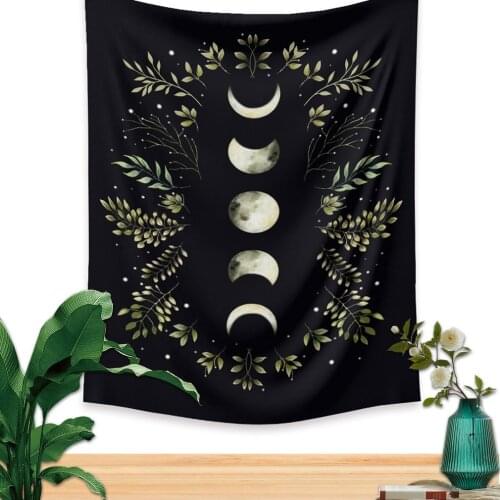 Vintage Wall Hanging Tapestry Moon Phase Mooonlight Green Olive Leaf Black Tapestries Boho Room Wall Decor Home Decoration Wall