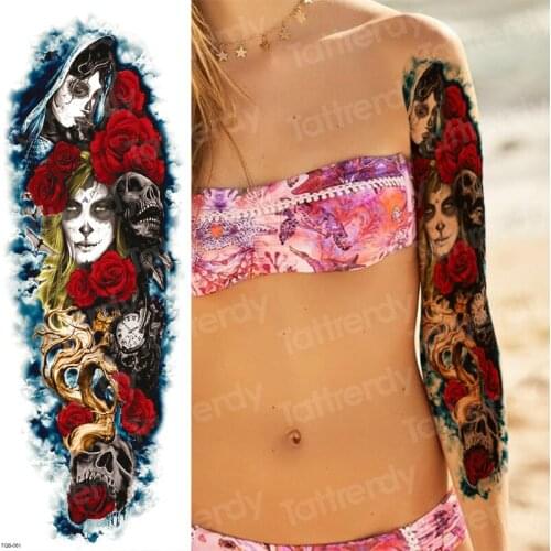 Full arm temporary tattoos suger skull Rose horror clock tattoos mexican day of the dead Halloween tattoo body tattoo for women