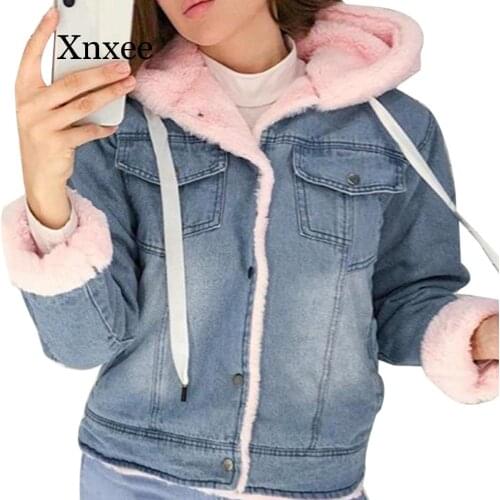 Women Denim Jacket Fur Winter Jeans Warm Hooded Velvet Jacket Femme Faux Fur Collar Padded Bomber Wind breake clothing hooded