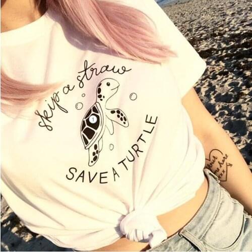 Skip A Straw Save A Turtle Graphic Women Tshirt Sea Protect Slogan T Shirt Grunge Crewneck T-shirt Summer Tees Streetwear