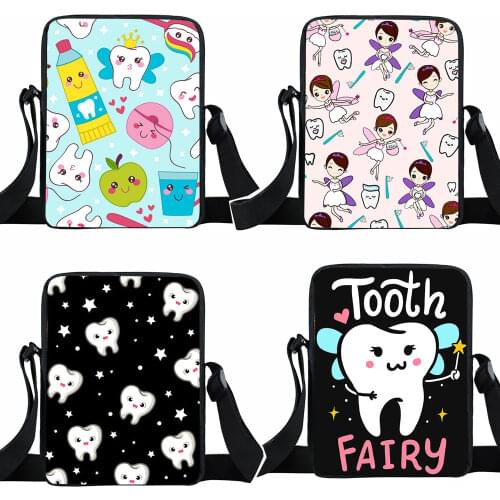 Teeth and Tooth Fairy Shoulder Bag Women Handbag Dental Hygienist Crossbody Bag Girls Satchel Bookbag Mini Messenger Bags Gift