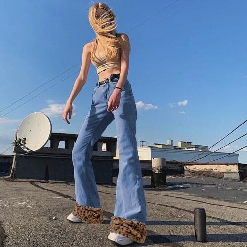 Women’s Korean Slim Fit Denim Jeans Fashion Leopard Patchwork High-waist Wide Leg Casual Trousers Jeans