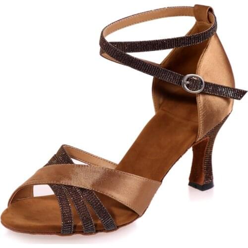 Lady latin dance shoes glitter crossed with satin girls ballroom professional Salsa tango home dancing sandals 7.5cm heels gold