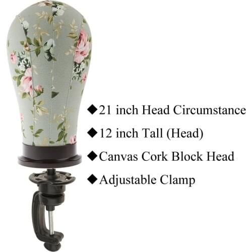 21 inches Canvas Cork Block Manikin Mannequin Head with Adjustable Clamp Toupee Wigs Making Hat Hair Wig Cap Display