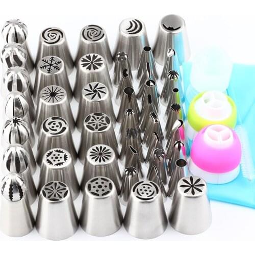 3 Coupler 1 Nozzles Bag 1 Nail 1 Brush Kitchen Tools+59Pcs Spherical Nozzle Stainless Steel Icing Piping Pastry Russian Tips Set