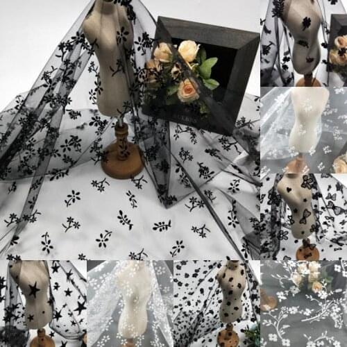 5Yards 150cm White Black Flocked Polka Star Bowknot Leaves Flower Mesh Tulle Fabric High Quality Bridal Dress Wedding Decoration