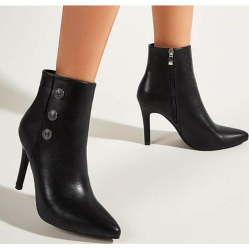 Women High Heels Martin Boots Autumn Winter Pu Leather Black Ankle Boots Sexy Pointed Toe Stiletto Party Ladies Shoes2021
