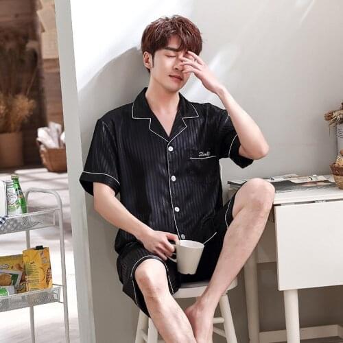 AIPEACE Black Men Nightwear Shirt Pants Sleep Pajamas Sets Short Sleeve Sleepwear Spring Autumn Silky Nightgown Robe Clothes