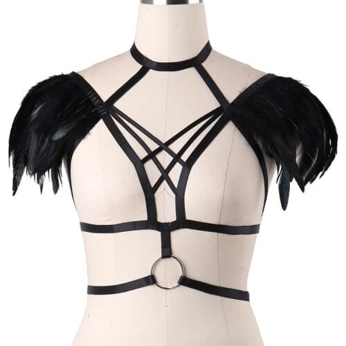 Black Gothic Collar Natural Feather Shrug Shawl Shoulder Cape Plus Size Ties Cosplay Costume Party Body Cage Harness Bra Belt