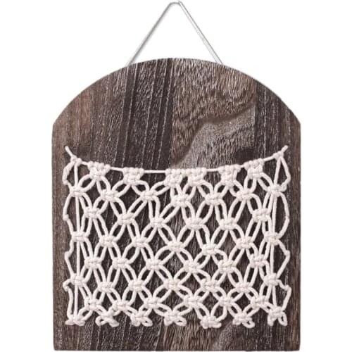 Wooden Magazine Storage Basket Macrame Weaving Magazine Holder Hanging Pocket Shelf Organizer Rack Wall Decoration