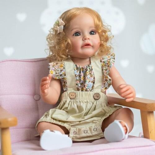 21inch Action Figure Reborns Dolls Interactive Toy Realistic Vinyl Stuffed Doll Cute Caucasian Girl Doll with Curly Hair D5QA