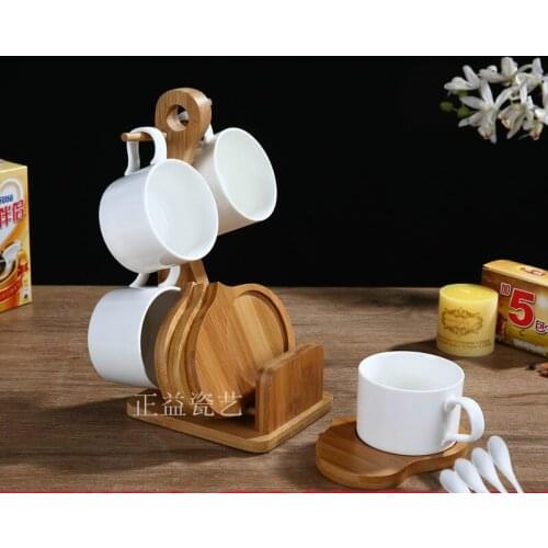 European Pure White Ceramic Coffee Cup Set Rural Creative Tea Equipped with Bamboo and Wood Shelf