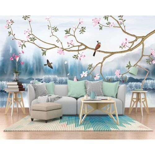 Beibehang papel de parede Customized hand-painted new Chinese blue ink landscape painting pen and bird TV background wallpaper