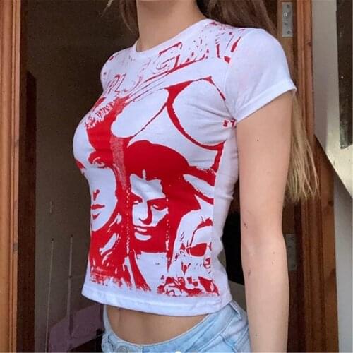 E-girl Humen Printed Graphic Printing Shirt Stitch Green Crop Tops Gothic Y2K Summer Harajuku Style O-neck Short Sleeve T-shirts