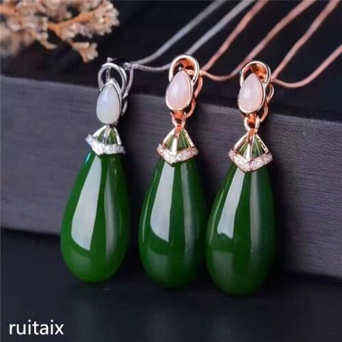 KJJEAXCMY boutique jewels S925 Pure silver inlay natural jade female style pendant + necklace, collarbone chain, drip jewelry m