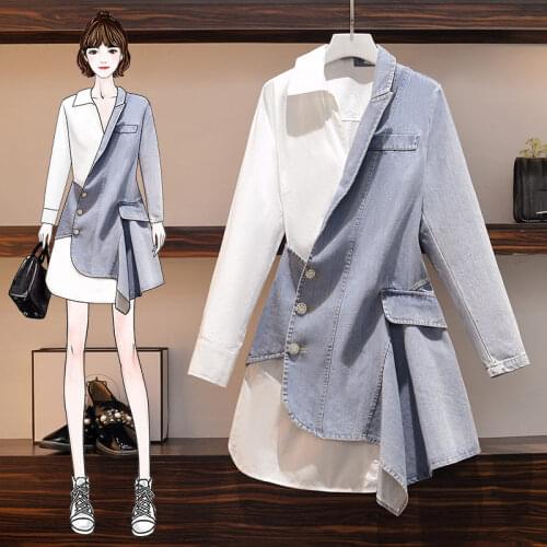 Korean Large Size Womens Autumn Clothes New Style Irregular Denim Stitching Dress Slim Female Long Sleeve Shirt Dress L-4XLY034