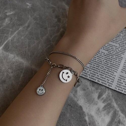Kpop Vintage Silver Color Multi Chains Smile Face Bracelet for Women Punk Cool Hiphop Friend&Couple Bracelets Jewelry