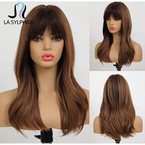 La Sylphide Synthetic Wig Medium Long Wave Root Black Ombre Brown Blonde Middle Part Wigs for Black White Woman Heat Resistant