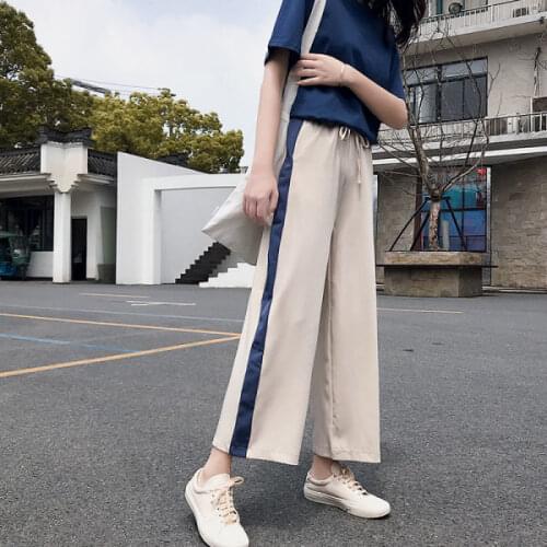 Summer Womens Sports Pants Elastic Waist Patchwork Ankle-Length Pants High Waisted Korean Style Sweatpants Wide Leg Pant