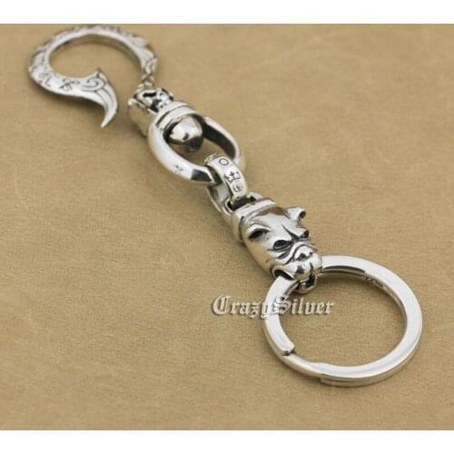 Punk Fashion Fish Hook Skull Waist Pendant Solid 925 Sterling Silver Cool Mens Biker Bulldog Keychain Keyring 8B008KC