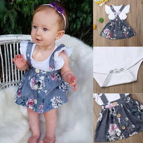 New Toddler Kids Baby Girl Ruffle Tops Romper Floral Overall Suspender Skirt Outfits