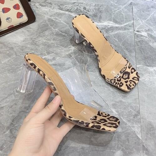 Summer New Women Sandals Slippers Leopard Print Sandals Open Toe High Heels Women Transparent Perspex Slippers Shoes Heel