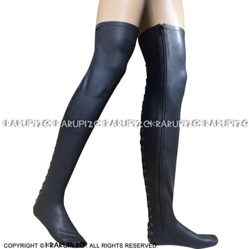 Autumn Black Sexy Long Latex Thigh High Stockings With Zippers At Sides And Lacing Back Rubber Stocking WZ-0062