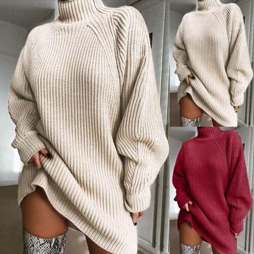 LNCDIS Turtleneck Long Sleeve Sweater Dress Women Autumn Winter Loose Tunic Knitted Casual Pink Gray Clothes Solid Dresses