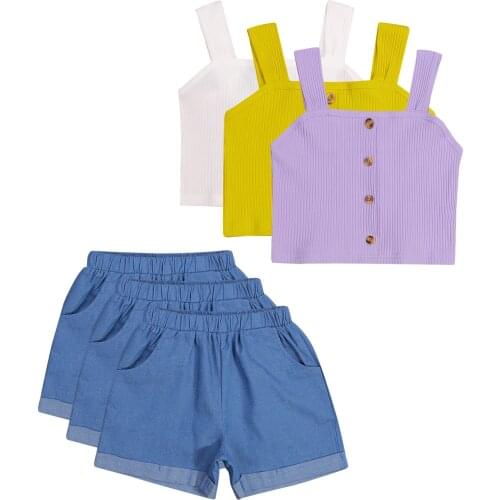 Infant Baby Girls Casual Two-piece Clothes Set, Solid Color Square Collar Sleeveless Tops and Shorts, Purple/ White/ Yellow