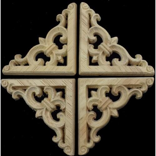 Retro Wood Carved Corner Onlay Applique Decor Furniture Craft Unpainted Door Decorate Wall Doors Decorative Figurines Wooden