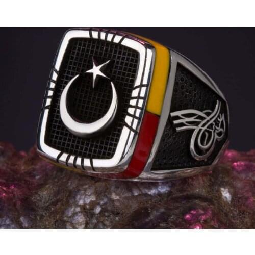 Silver Men Crescent Star Motif Ring Ottoman Coat of Arms - Tughra Style Jewelry Red Yellow Ring Made in Turkey