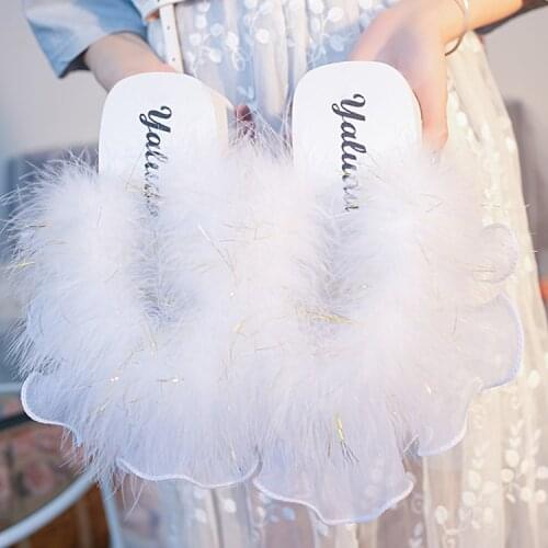 Fur Flip Flops Women Sweet Thick Platform Wedges Sandals Ostrich Feathers Slippers 2021 Summer Platform Thongs Beach Slippers