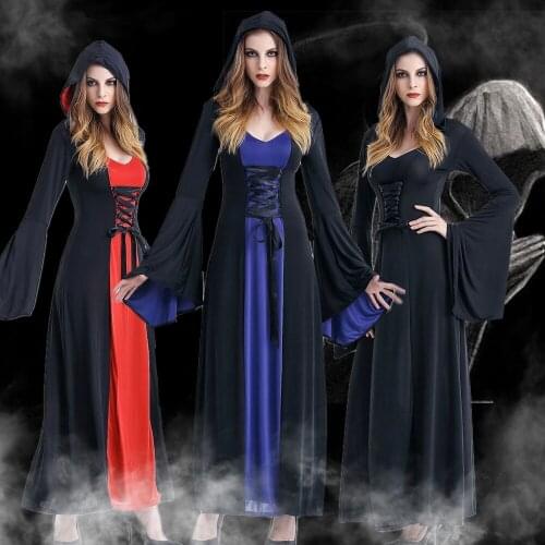 Renaissance Gothic Vampire Witch Costume Adult Fantasia Halloween Witch Hooded Fancy Party Masquerade Long Dress