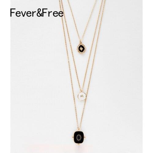 Fever&Free Vintage Black Pendant Necklace Long Chain Multi Layer Charm Statement Necklace For Women Trend Jewelry Wholesale Gift