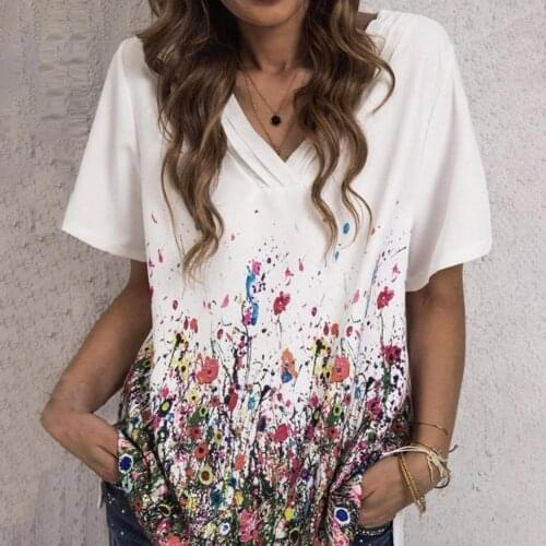 Womens T-shirt Short Sleeve Casual T-shirt V Neck Top Women Floral Print Short Sleeve Loose Summer