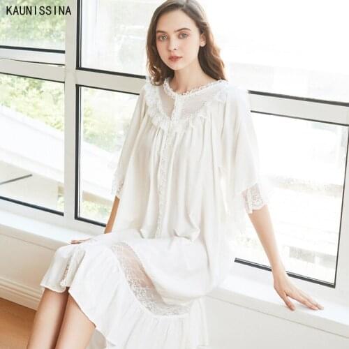 Women Nightgown Half Sleeve Sleepwear Lace White Dress Princess Lady Night Gowns Palace Vintage Nightdress Home Wear