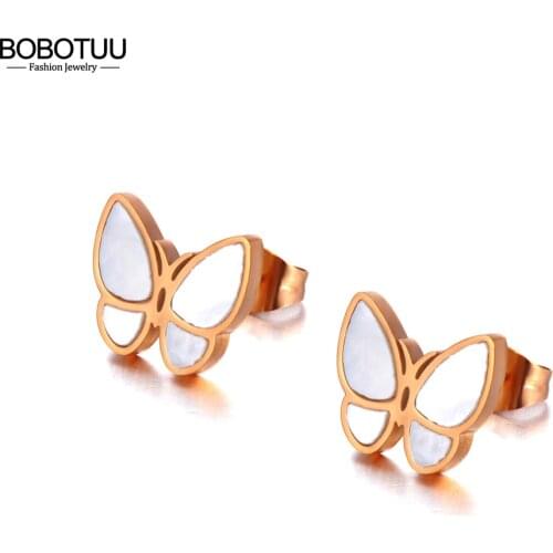 BOBOTUU Rose Gold Plated Stainless Steel Butterfly Animal Earrings Jewelry Fashion CZ Crystal Shell Earrings For Women BE20170