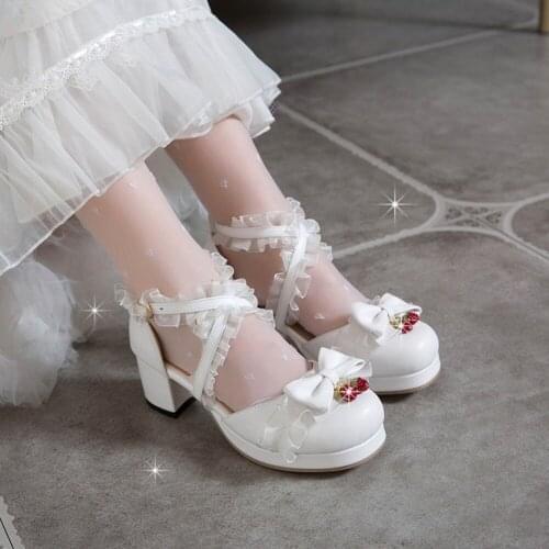 OLOMLB Womens Lolita Round Toe Strawberry Bowknot Kawaii Cosplay Block Heel Shoes Plus Size 34-48 Mary Janes Sweet New 2021