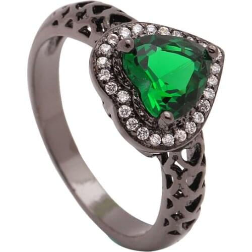 Charm Black Gold Jewelry Hollow Deasign Love heart shape ring white green pink color Zircon paved women Wedding Engagement Ring