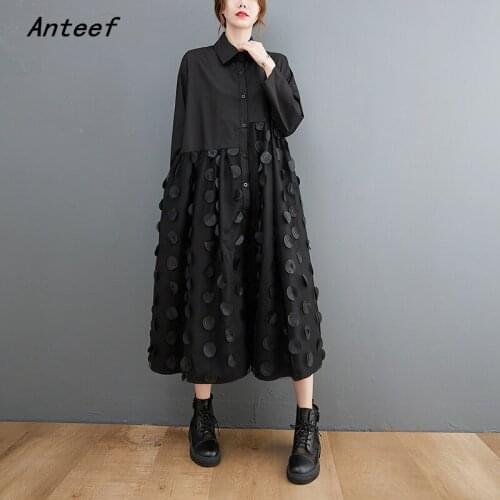 Anteef long sleeve plus size black mesh vintage dresses for women casual loose spring autumn shirt dress elegant clothing 2021