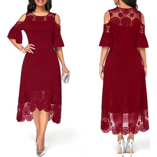 2021 Women summer Dress Lace stitching Evening Party Summer Maxi Women Dress Large Ladies Short Sleeve Floral Elegant