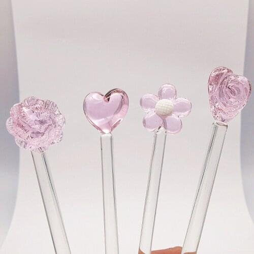 4pcs Custom Pink lovey glass Ornament head collocation swizzle sticks handmade Lampwork glass wine swizzle coffee cocktail drink