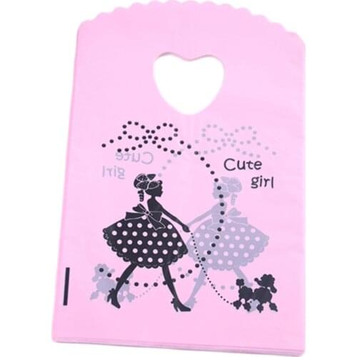 50pcs/lot 13*20cm Pink Birthday Packaging Bags with Lovely Cute Girl and Dog Christmas Sachet Plastique