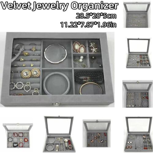 Velvet Jewelry Display Box with Glass Cover Watch Orgainzer Bracelet/Necklace/Earrings Rings Storage Box Jewelry Show Container