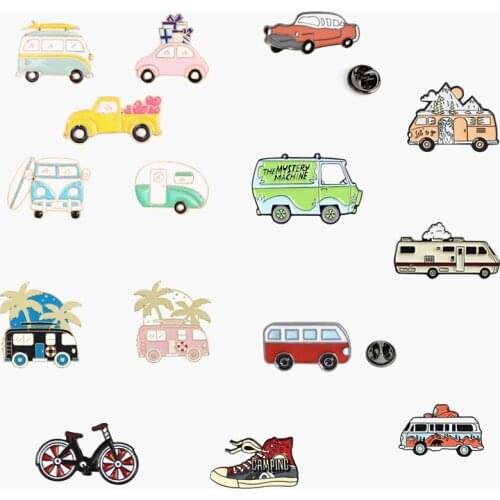 Travel Bus Camper Enamel Pins Badge Cartoon Car Adventure Mountain Brooches for Kids Friends Bag Clothes Lapel Pin Jewelry Gift