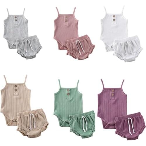Solid baby 2PCS set cotton fashon casual Summer Newborn Kid Baby Girls Clothes Knitted Crop Tops + Shorts Outfits 0-24 months