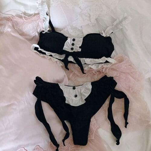Sexy Japanese Cute Lingerie Lolita Sweet Kawaii Wire Free Bra and Panty Set Underwear Women Girls Bow Bralette Black Cow Cosplay