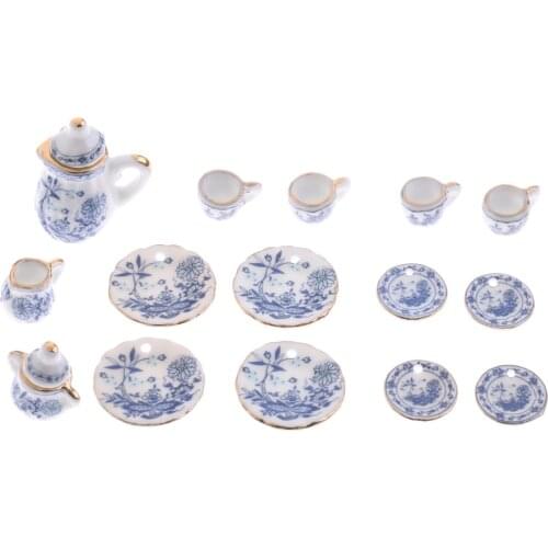 1/12 Dollhouse Miniature Tableware Tea Coffee Wine Cup Set 15 Pieces Kit Blue Flower Patterns